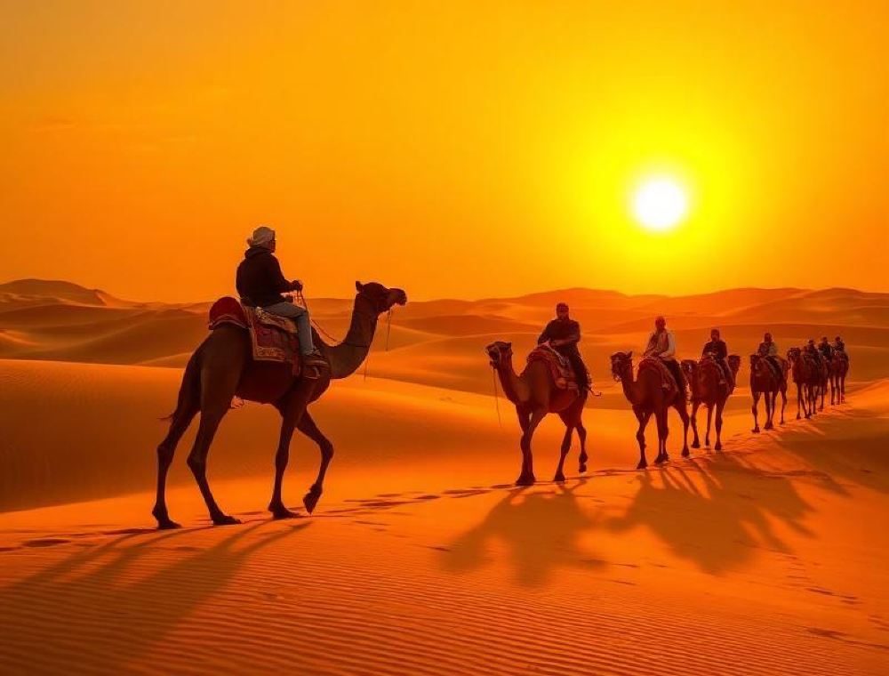 Camel safari at Sam Sand Dunes Jaisalmer at sunset — Thar desert safari tour